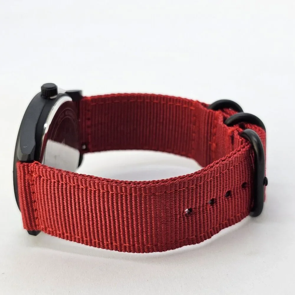 Men's Field Military Watch 42MM Black‎ Case Black Dial Red Canvas Band Straps